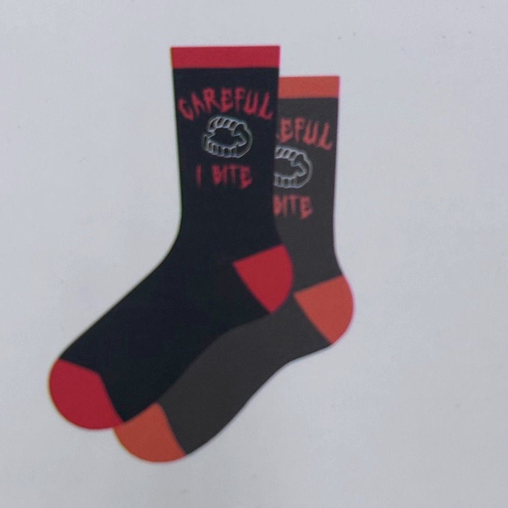 Special Thanks Careful I Bite Vampire Fangs Halloween Dress Socks Black Red 6-12